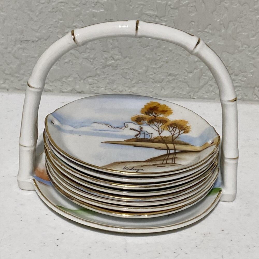 Vtg Lenwile Ardalt Hand Painted 3.5” Coasters With Caddy Occupied Japan Set Of 8